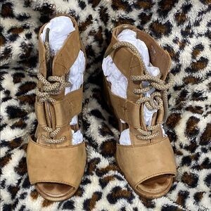 Women's Tan Peep-Toe Lace-Up Sandals